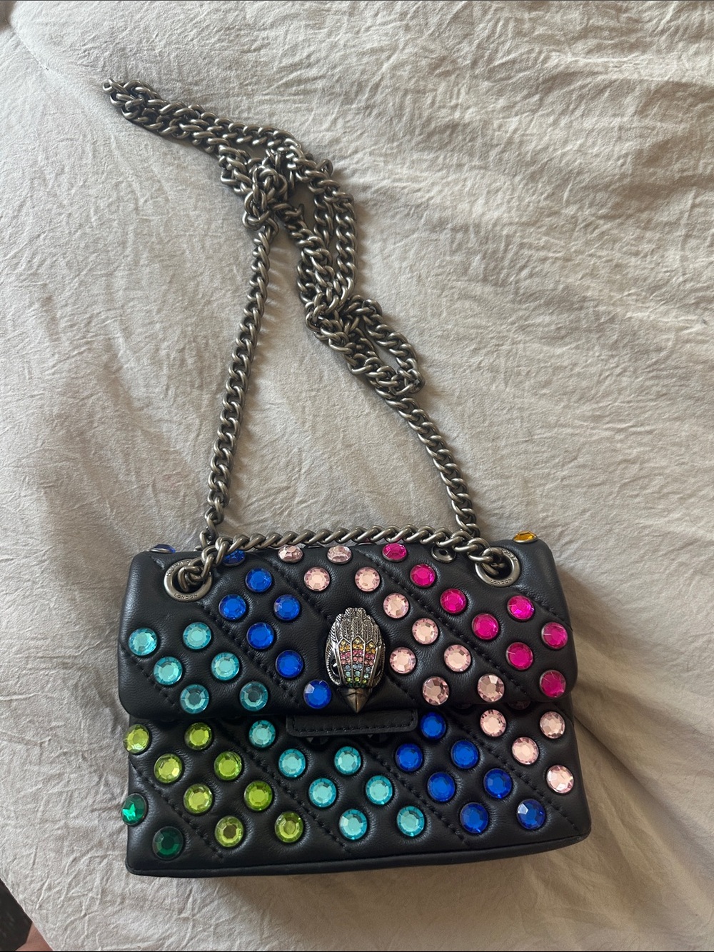 Kurt Geiger Black Leather Shoulder Bag with Multicolored Gem Studs